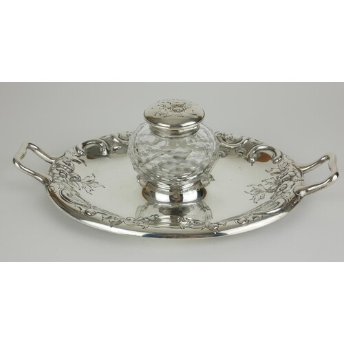 A VICTORIAN SILVER AND CUT LEAD CRYSTAL OVAL INKSTAND With t...