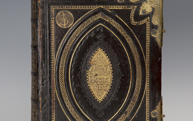 A Victorian gilt tooled and embossed leather Holy Bible with gilt metal corner mounts and clasps, 34