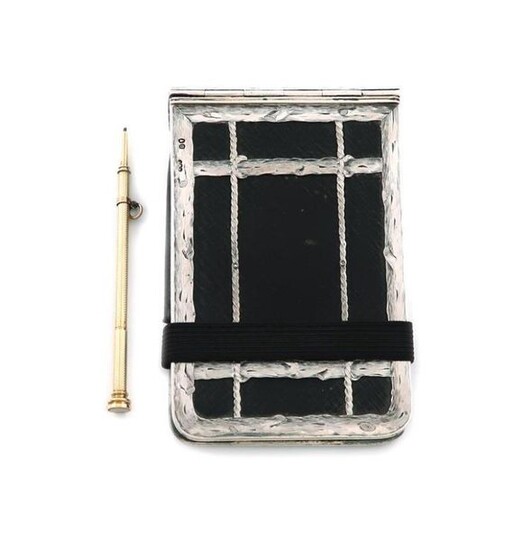 A Victorian silver-mounted black leather aide memoire, by Henry Dee, London 1868, rectangular form, engraved borders and with simulated rope-work decoration, the interior with two black leather wallet compartments for visiting cards, stamped in gilt...