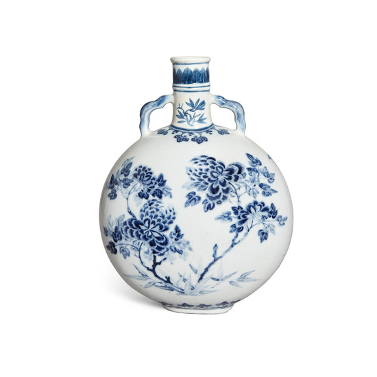 A blue and white moon flask