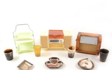 A box of cocktail trays, coasters, musical boxes etc.