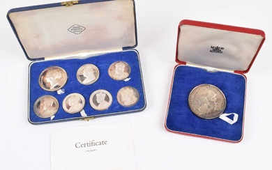 A cased 'Coronations and Jubilees' silver medal set and Prince of Wales' Investiture Medal (2).