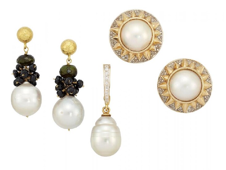 A diamond and cultured pearl pendant, the...