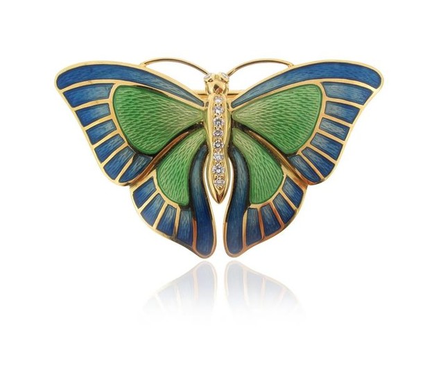 A diamond-set gold and enamel butterfly brooch pendant...