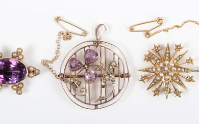 A gold, amethyst and seed pearl pendant brooch in a circular design with a trefoil and spray motif