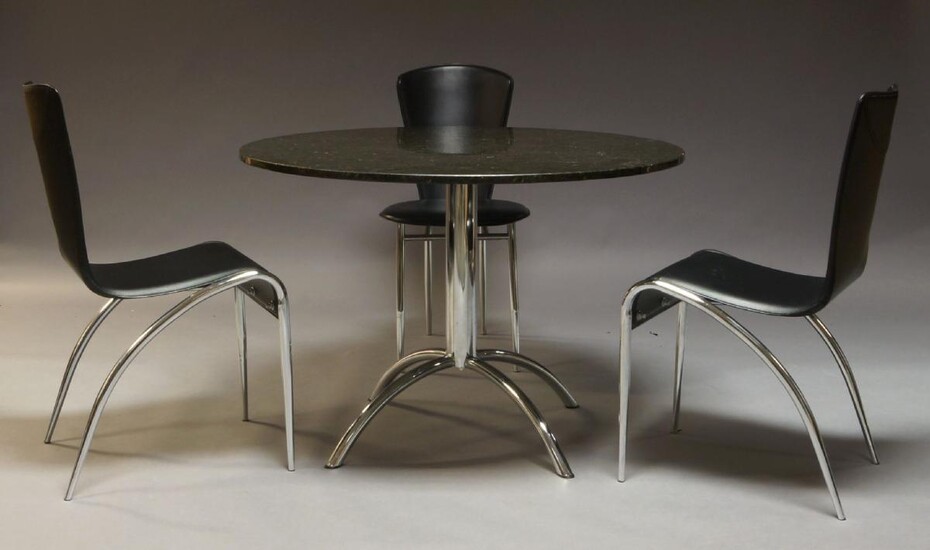A granite top dining table, c.1990, the circular dark green granite top on cylindrical chrome support with four curved tubular legs, together with a pair of black leather and chromed dining chairs and a single black leather and chromed dining chair...