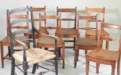 A harlequin set of seven 19th century elm seated dining...
