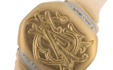 A large 18ct gold monogram signet ring, with engraved initia...