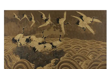 A large Japanese embroidery of cranes Edo/Meiji period, 19th century Finely embroidered...