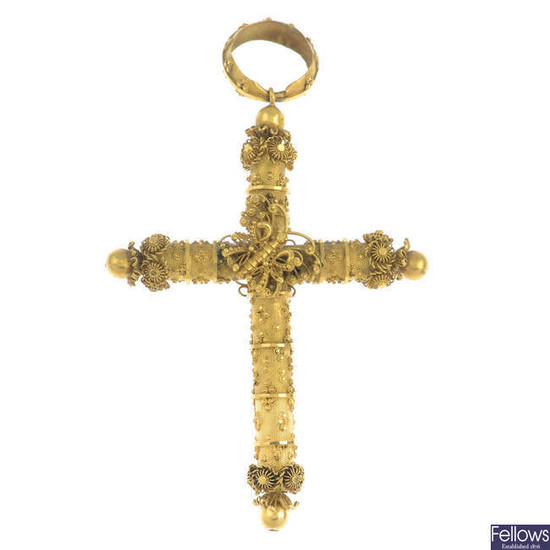 A late Georgian 18ct gold cross pendant, with glazed panel and butterfly accent.