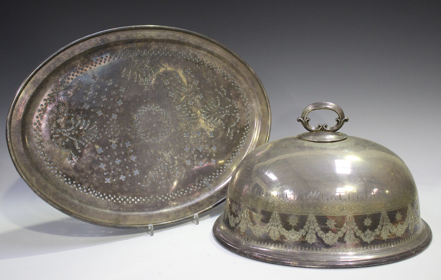 A late Victorian Elkington & Co plated oval meat dome with engraved decoration, length 35cm, tog