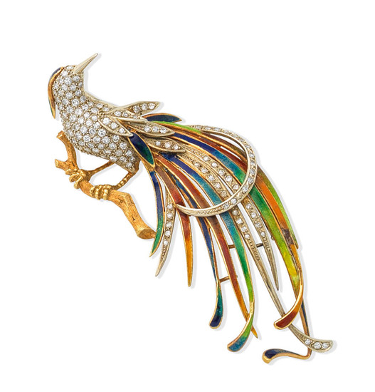 A mid 20th century enamel and diamond bird of paradise brooch