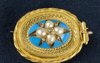 A mid Victorian gold rose and old-cut diamond, split pearl and blue enamel cannetille brooch/pendant.
