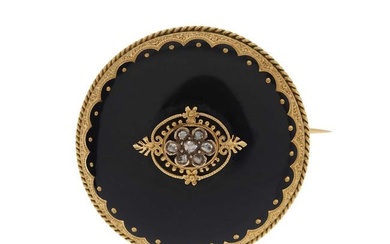 A mid to late Victorian gold, black enamel and diamond pendant brooch