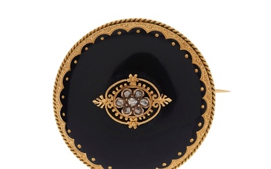 A mid to late Victorian gold, black enamel and rose-cut diam...