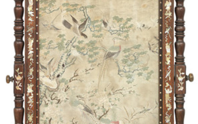 A mother-of-pearl inlaid hongmu floor screen with embroidered panel