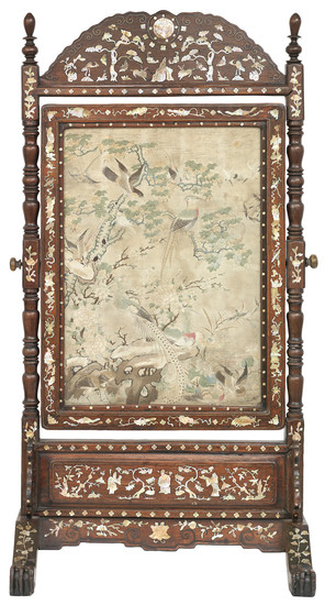 A mother-of-pearl inlaid hongmu floor screen with embroidered panel