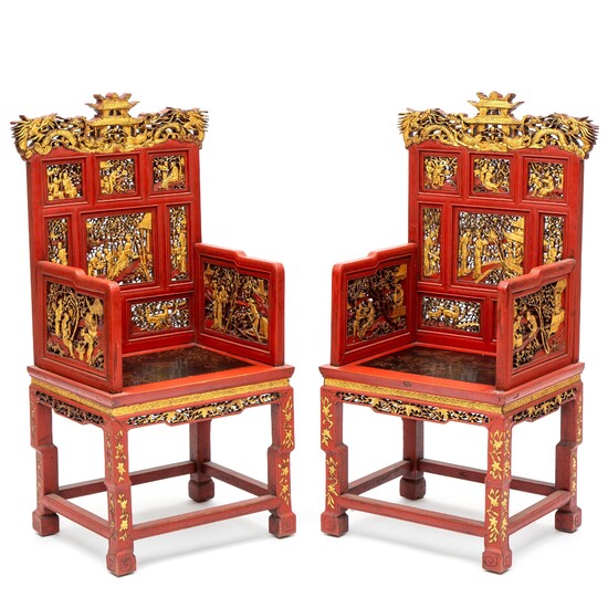 A pair of Chinese carved red-painted and parcel-gilt armchairs