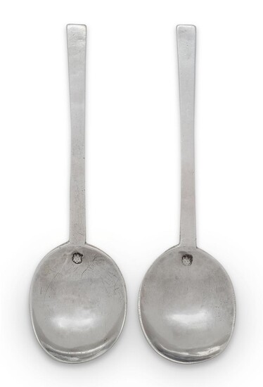 A pair of Commonwealth silver Puritan spoons, London, 1659, Steven Venables, both faintly prick dot initialled to reverse of terminals, 17.5cm long, total weight approx. 2.8oz (pr) Provenance: The estate of the late designer, Anthony Powell