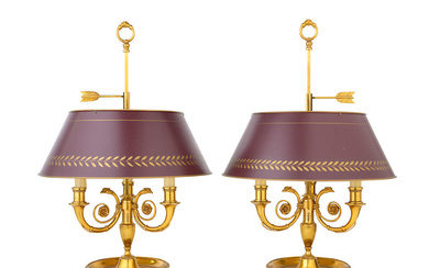 A pair of French gilt bronze three light bouillotte Lamps...