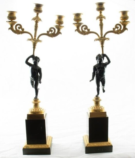 A pair of French patinated and parcel gilt bronze