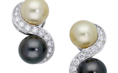 A pair of cultured pearl and diamond ear clips by Seaman Schepps,...
