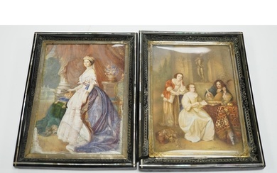 A pair of mid 19th century watercolour miniatures on ivory, ...