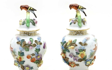 A pair of modern Dresden floral encrusted vases and covers with bird finials (2)