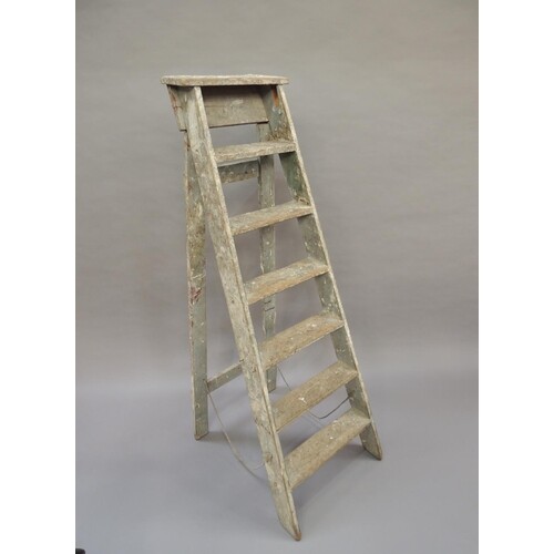 A pair of vintage wooden step ladders with rope ties, 150cm ...