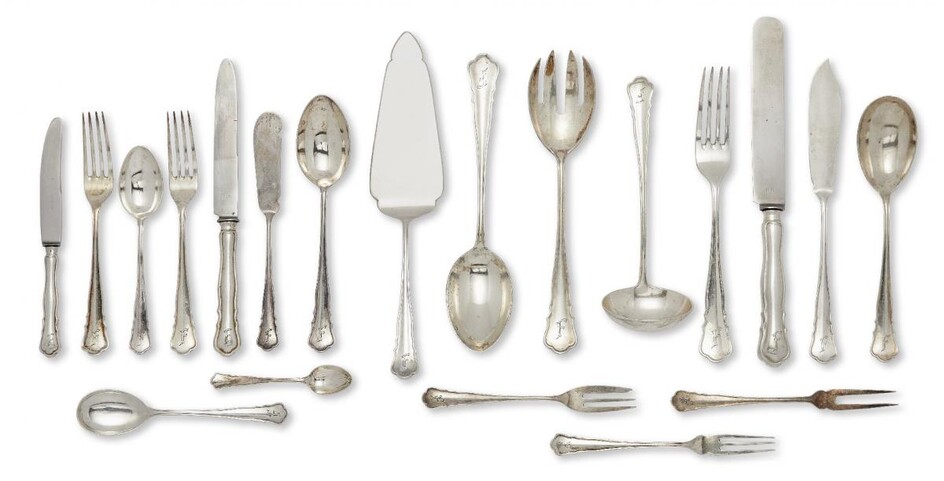 A part set of German flatware by MH Wilkens & Sohne, Bremen- Hemelingen, each piece stamped 800 and designed with shaped terminal engraved with the initial 'F', the part set comprising: 12 table spoons; 12 table forks; 12 table knives; 7 fish...