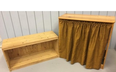 A pine open bench/storage box, together with a curtained pin...