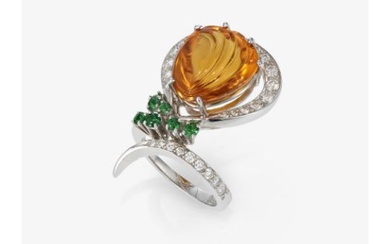 A ring with a cut citrine, brilliant-cut diamonds and demantoids - Nuremberg, Juwelier SCHOTT