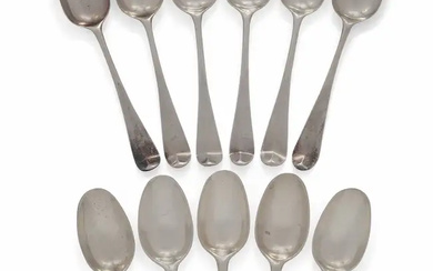 A set of six Hanoverian pattern silver coffee spoons. Marks indistinct. Engraved...