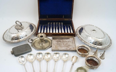 A small quantity of silver plate, including: an oak cased set of six mother of pearl handled fruit knives and forks, with chased foliate decoration; a chamberstick by Cross Arrows and two associated candle snuffers; a tray on four bun feet with...