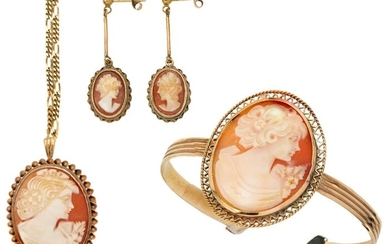 A suite of shell cameo jewellery comprising: a bangle, British import marks for 9-carat gold; a brooch/pendant and chain, British import marks for 9-carat gold, and a pair of earrings, British hallmarks for 9-carat gold, each set with an oval shell...