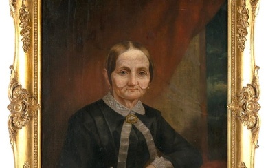 AMERICAN SCHOOL (19th Century,), Portrait of an older woman seated at a table., Oil on canvas, 28" x