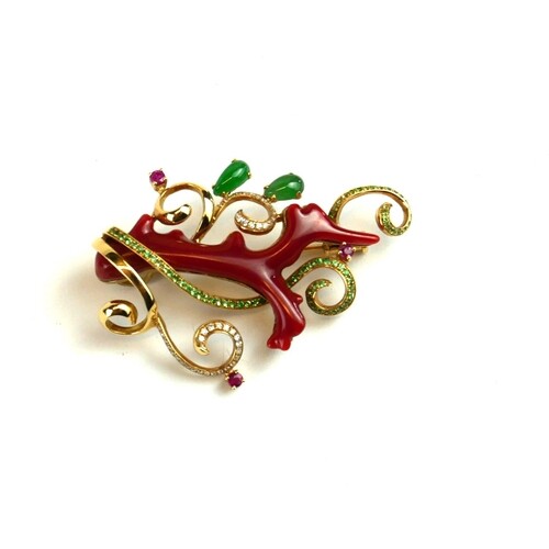 AN 18CT GOLD, DIAMOND, EMERALD AND RED CORAL ORGANIC FORM BR...