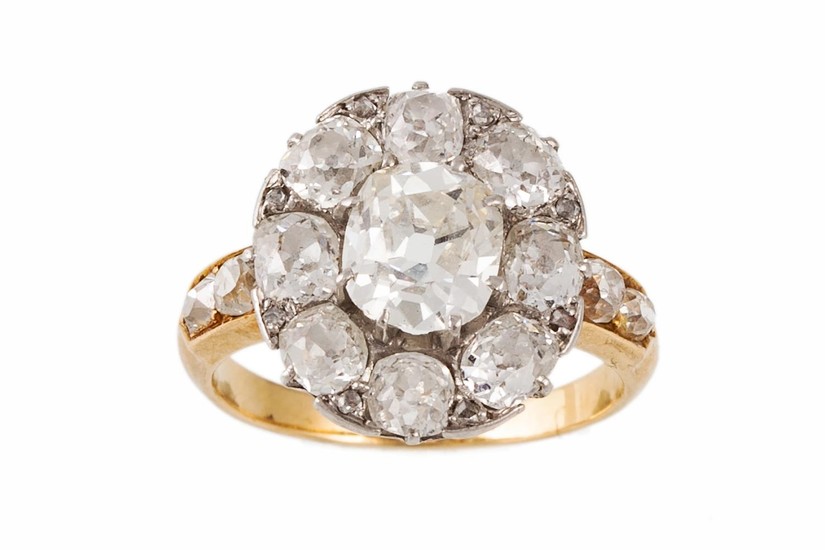AN ANTIQUE DIAMOND CLUSTER RING, set with old mine cut diamo...