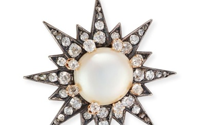 AN ANTIQUE NATURAL PEARL AND DIAMOND STAR BROOCH in yellow gold and silver, designed as an eight ...