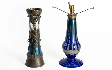 AN ART NOUVEAN PEWTER ALLOY MOUNTED LOETZ PAPILLON STYLE GLASS VASE AND A TABLE LAMP (2)