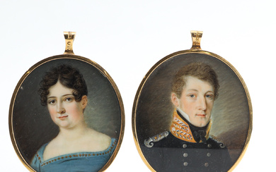 ANDERS GUSTAF ANDERSSON (1780-1833). A pair of miniature paintings, frame in gold, painted on ivory, dated 1812.