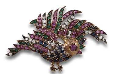 ANTIQUE BIRD BROOCH WITH DIAMONDS, RUBIES, EMERALDS AND SAPPHIRES, IN GOLD