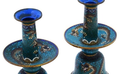 ANTIQUE CHINESE QING CLOISONNE ENAMEL CANDLE HOLDERS