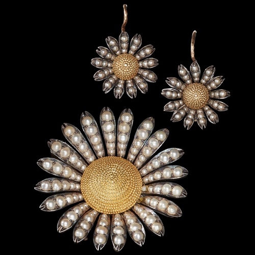 ANTIQUE PEARL FLOWER BROOCH AND MATCHING PAIR OF EARRINGS, T...