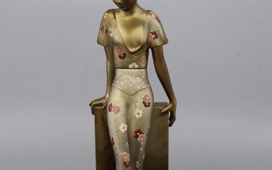 ART DECO JOSEPH LORENZL LADY MATCH STRIKER, COLD PAINTED SPELTER, SIGNED TO BASE, MADE BY ANR AUSTRIA, 20CM H