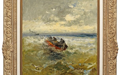 Adolf Kaufmann (1848 Troppau - 1916 Vienne) Bateau à rames dans une mer agitée Grâce...