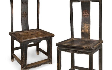 Ai Weiwei, Chinese b.1957- Fairytale 1001 Chairs (Nr. L/R - 067, Nr. L/R - 068), 2007; two wooden chairs, Qing Dynasty (1644-1911), bear Chinese calligraphy on the bottom, one chair 98x58x43.5cm, one chair 95x42x36.5cm(2) Provenance: Einfache...
