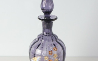 Amethyst Glass Perfume Bottle, hand blown raised hand painted enamel