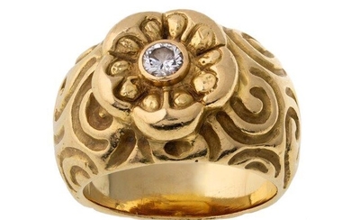 An 18ct gold diamond ring, by Elizabeth Gage, of floral and scroll design centring on a brilliant-cut diamond, signed Gage, British hallmarks for 18-carat gold, London, ring size H 1/2, max width 1.3cm, with case by Elizabeth Gage
