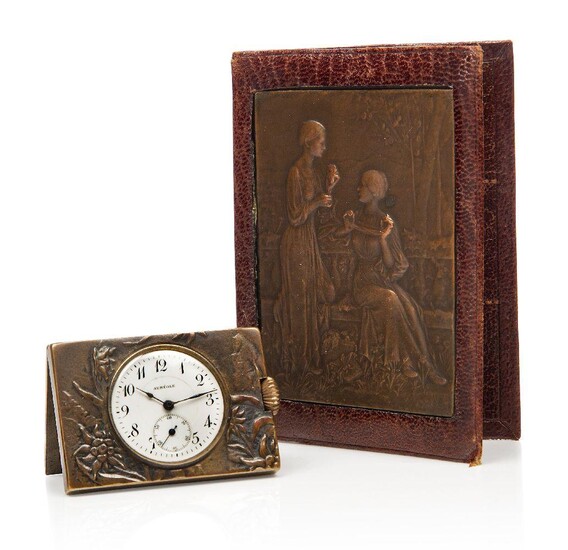 An Auréole travel clock mounted in bronze, Late 19th/Early 20th Century, Auréole on dial, bronze with indistinct signature, stamped 231 & 234, Hinged like a book, one side cast with putti in the clouds, the front with foliage and the inset watch...